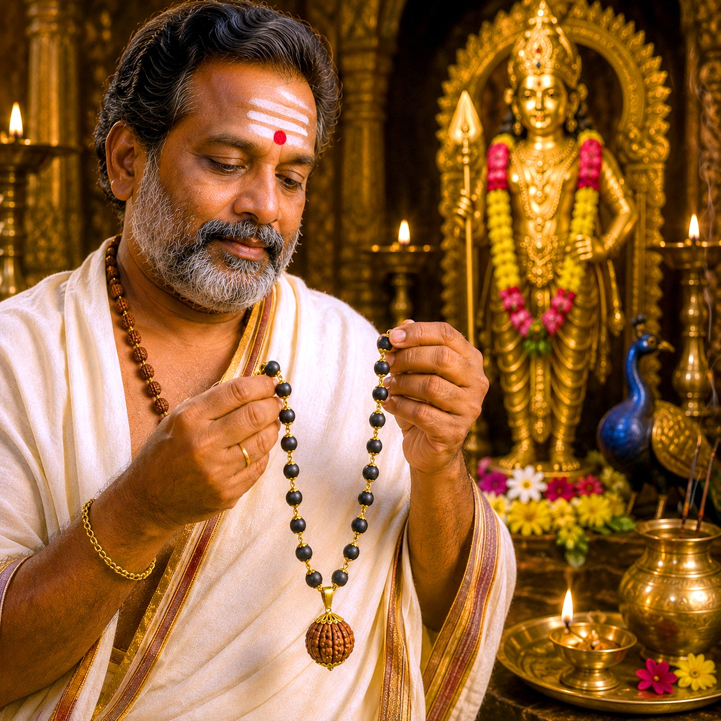 Divya Golden Karungali Mala With 5 Mukhi Rudraksha Pendant