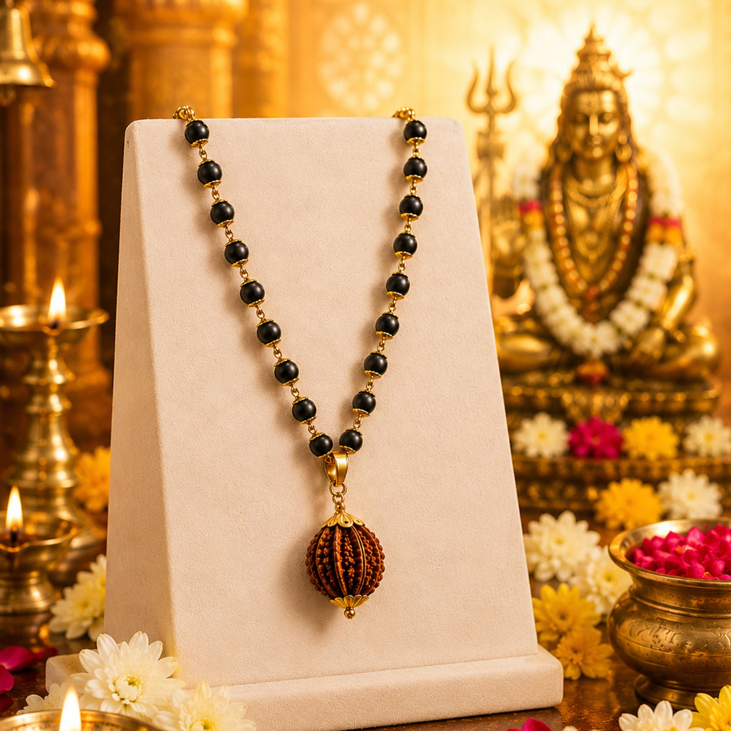 Divya Golden Karungali Mala With 5 Mukhi Rudraksha Pendant
