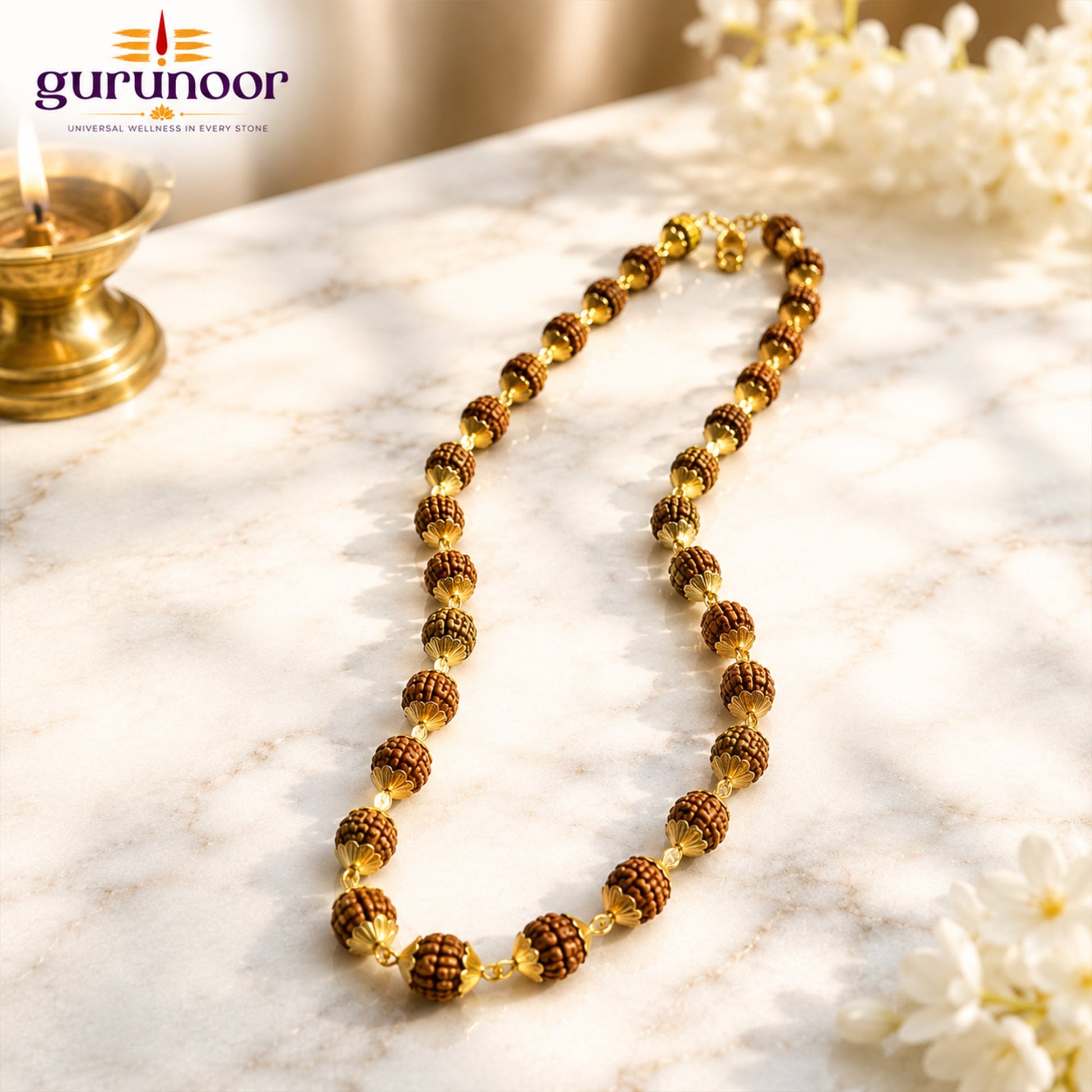 5 Mukhi Rudraksha Mala With Golden Capping - Gurunoor