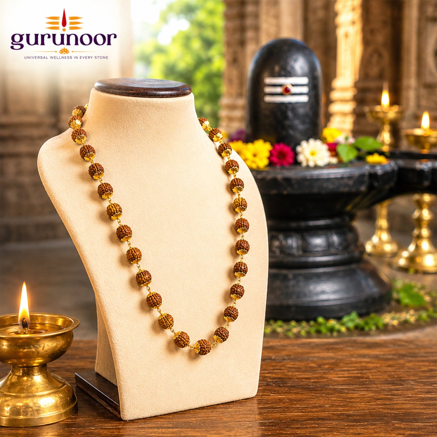 5 Mukhi Rudraksha Mala With Golden Capping - Gurunoor