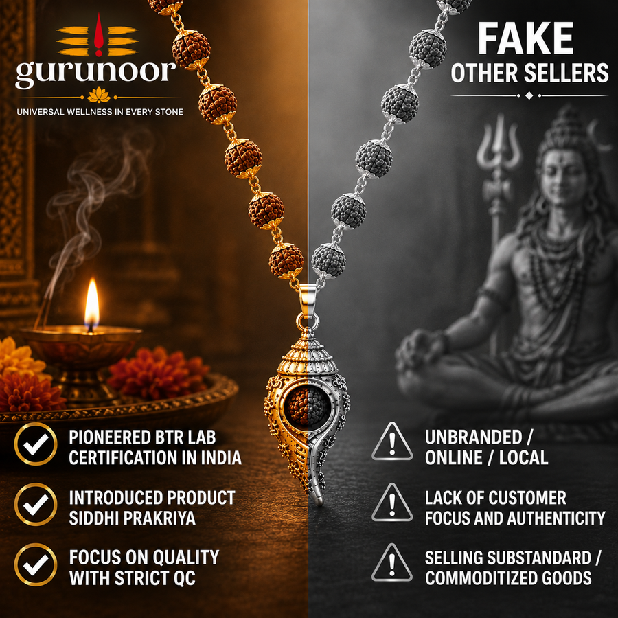 Gold Plated 5 Mukhi Rudraksha Mala With Shiv Shankh Pendant