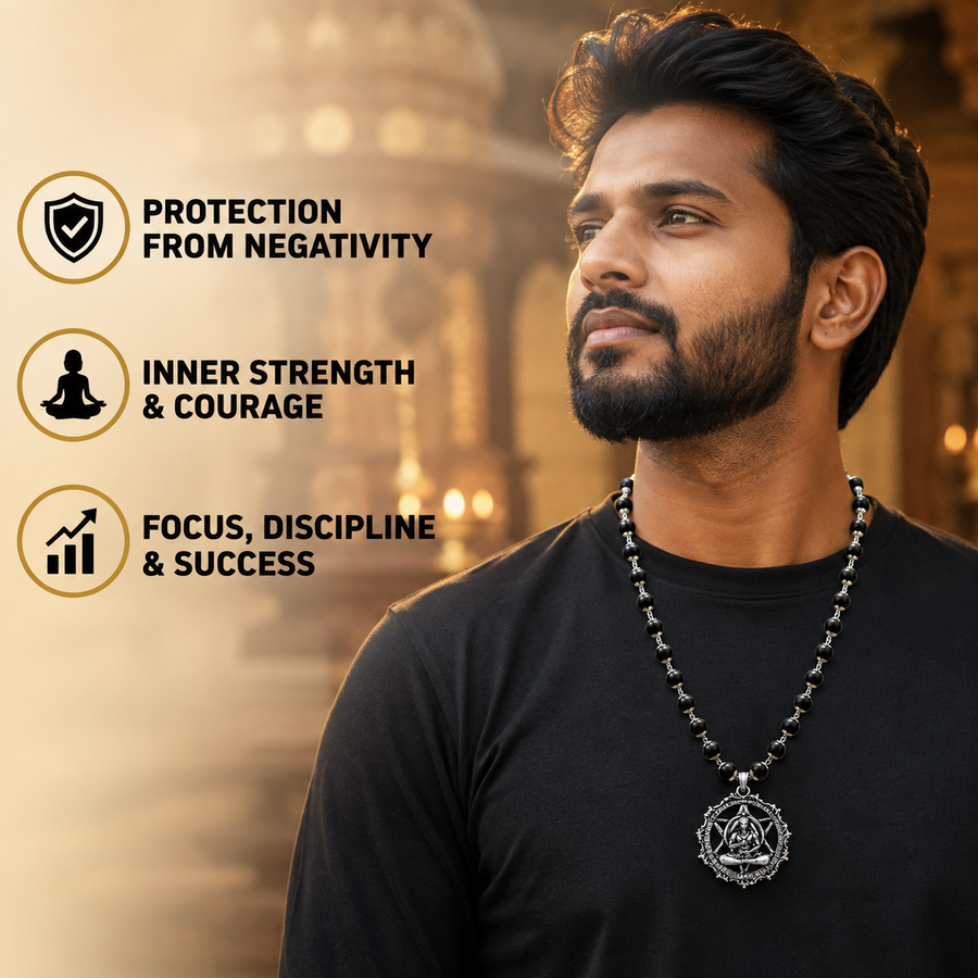 Silver Plated Karungali Mala With Hanuman Kavach Pendant