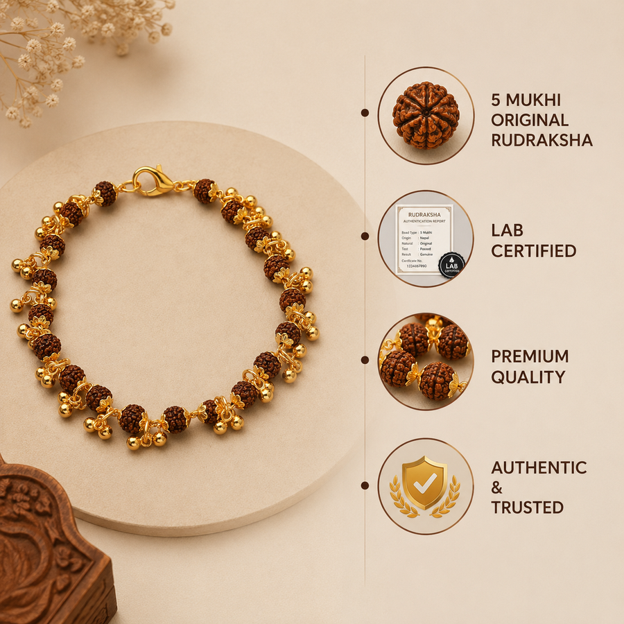 Gold Plated 5 Mukhi Rudraksha Bracelet For Women