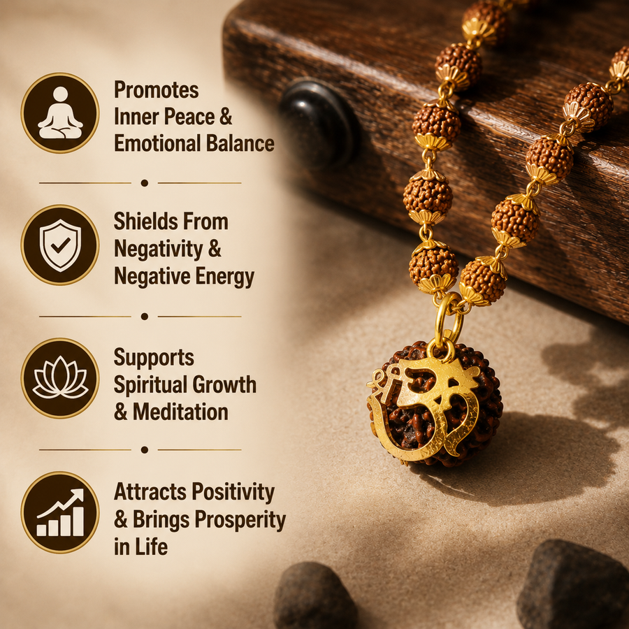 Rudraksha Mala With 7 Mukhi Shree Om Rudraksha Pendant ( Gold Plated )