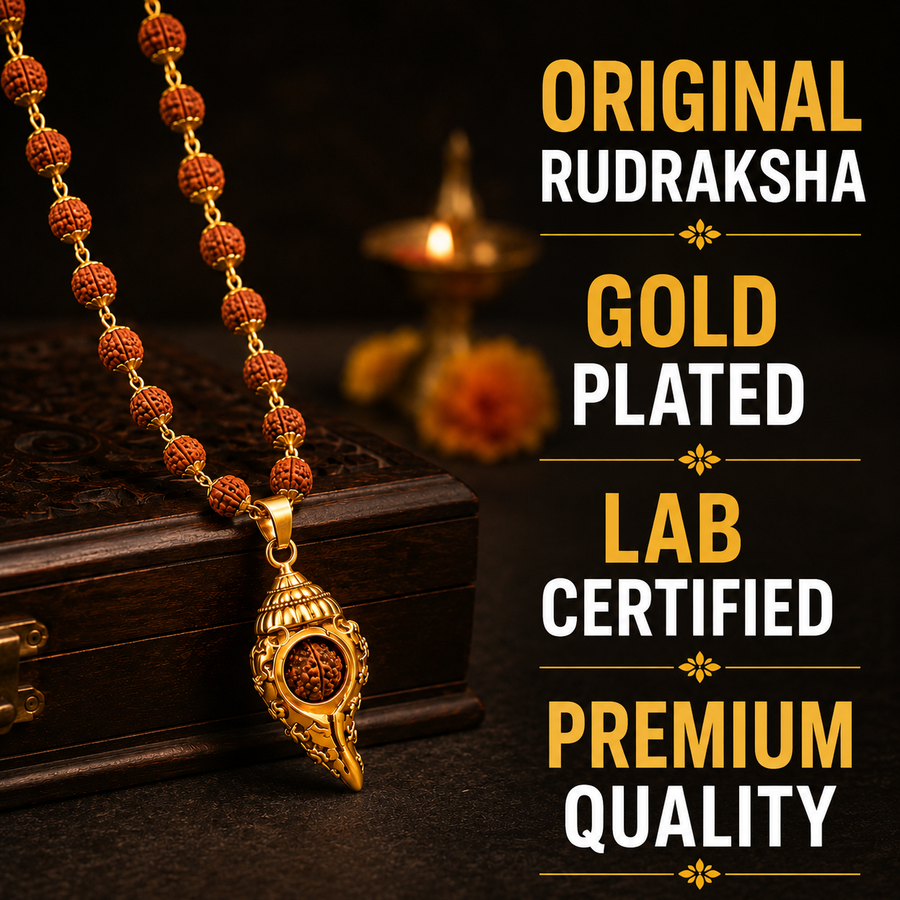Gold Plated 5 Mukhi Rudraksha Mala With Shiv Shankh Pendant