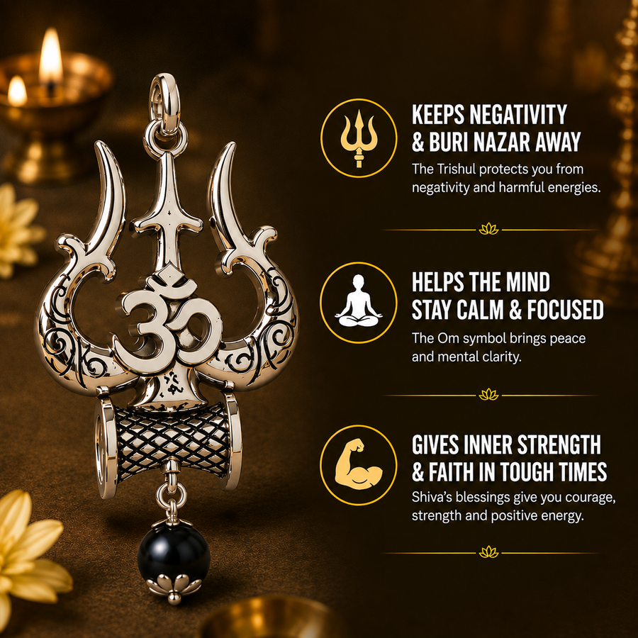 Silver Plated Karungali Mala with Om Shiv Trishool Pendant
