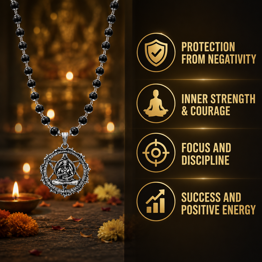 Silver Plated Karungali Mala With Hanuman Kavach Pendant