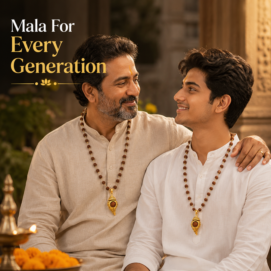 Gold Plated 5 Mukhi Rudraksha Mala With Shiv Shankh Pendant