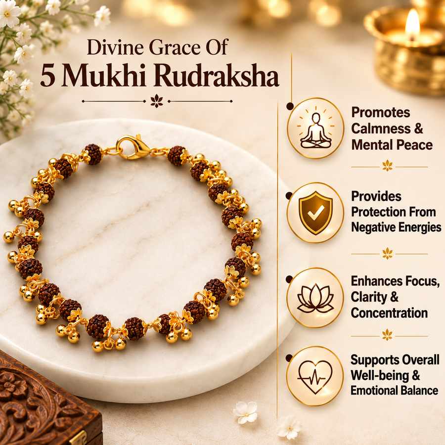 Gold Plated 5 Mukhi Rudraksha Bracelet For Women