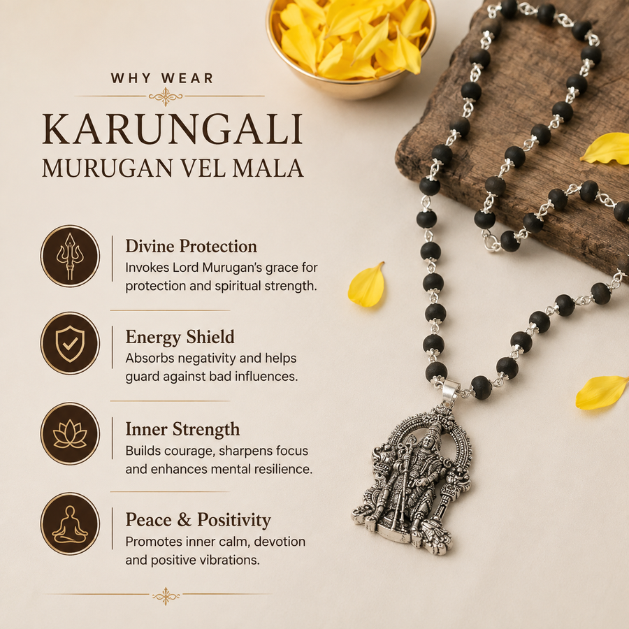 Silver Plated Karungali Mala with Murugan Pendant