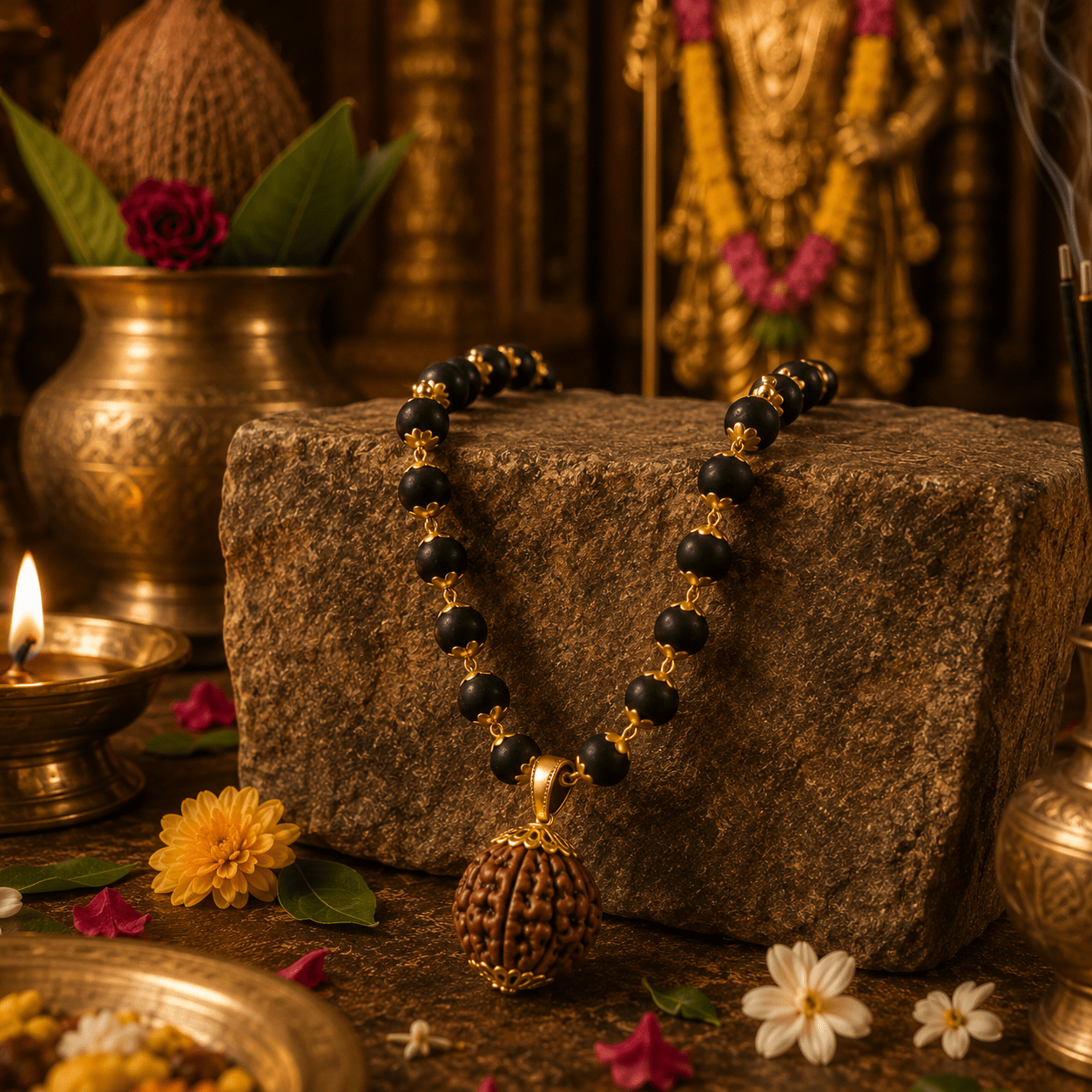Divya Golden Karungali Mala With 5 Mukhi Rudraksha Pendant - Gurunoor