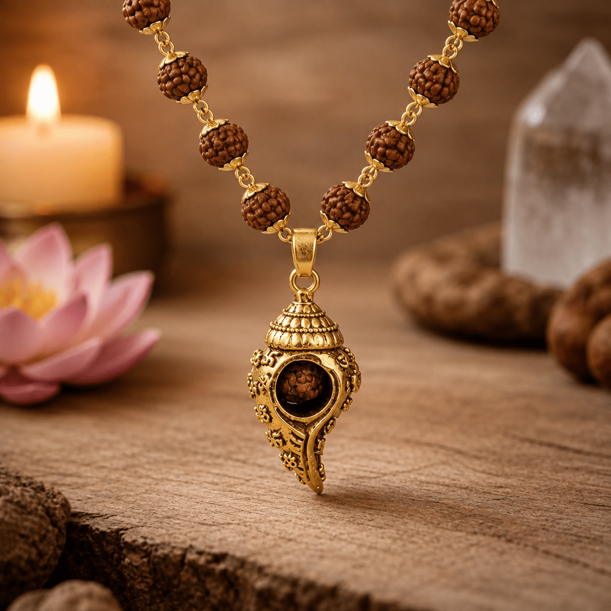 Gold Plated 5 Mukhi Rudraksha Mala With Shiv Shankh Pendant - Gurunoor