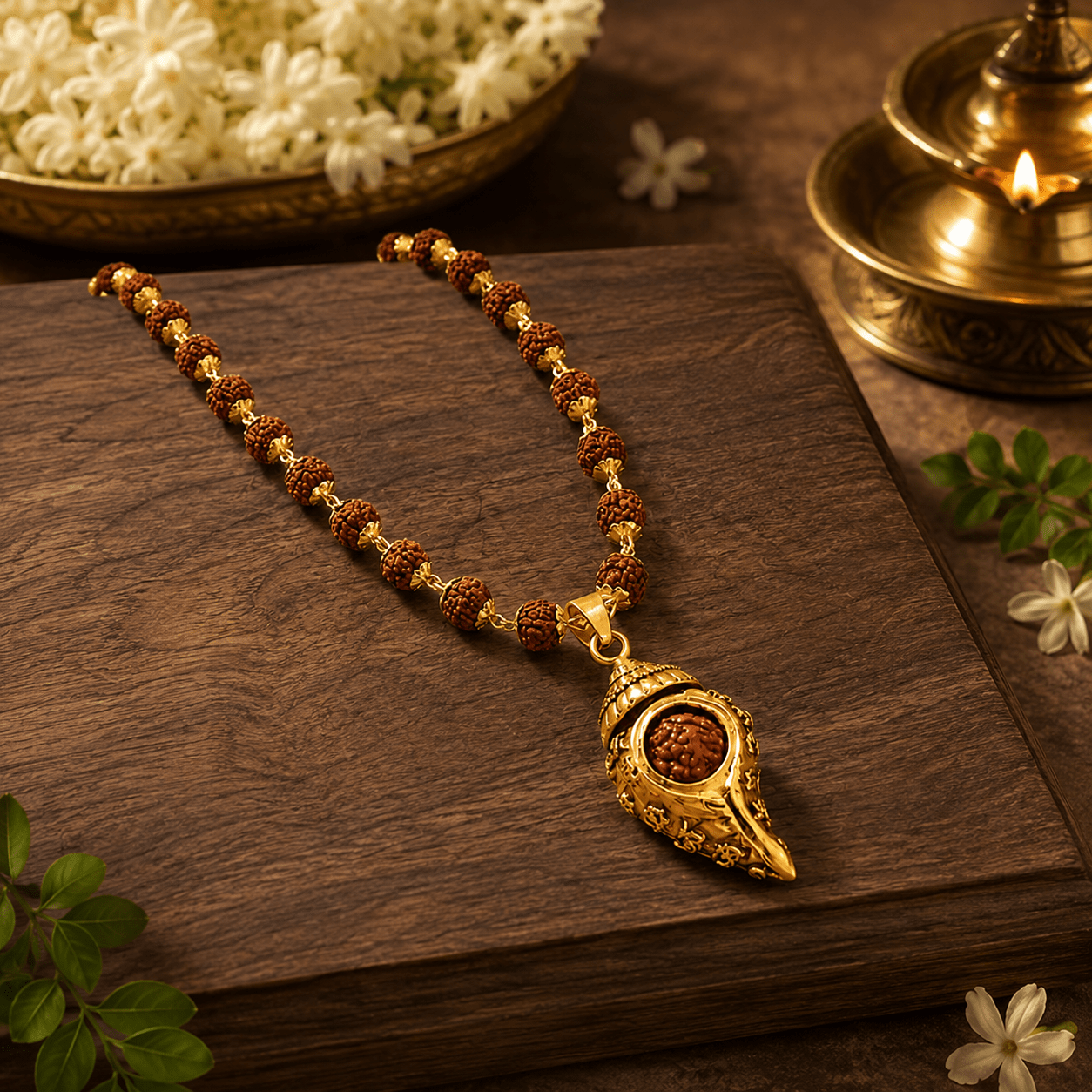 Gold Plated 5 Mukhi Rudraksha Mala With Shiv Shankh Pendant - Gurunoor