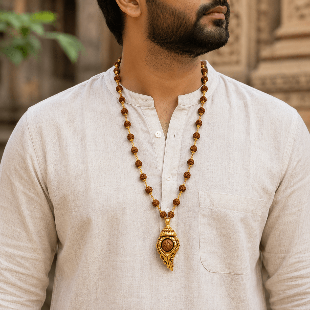 Gold Plated 5 Mukhi Rudraksha Mala With Shiv Shankh Pendant - Gurunoor
