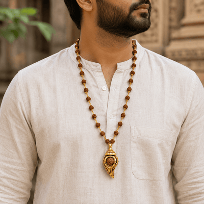 Gold Plated 5 Mukhi Rudraksha Mala With Shiv Shankh Pendant - Gurunoor