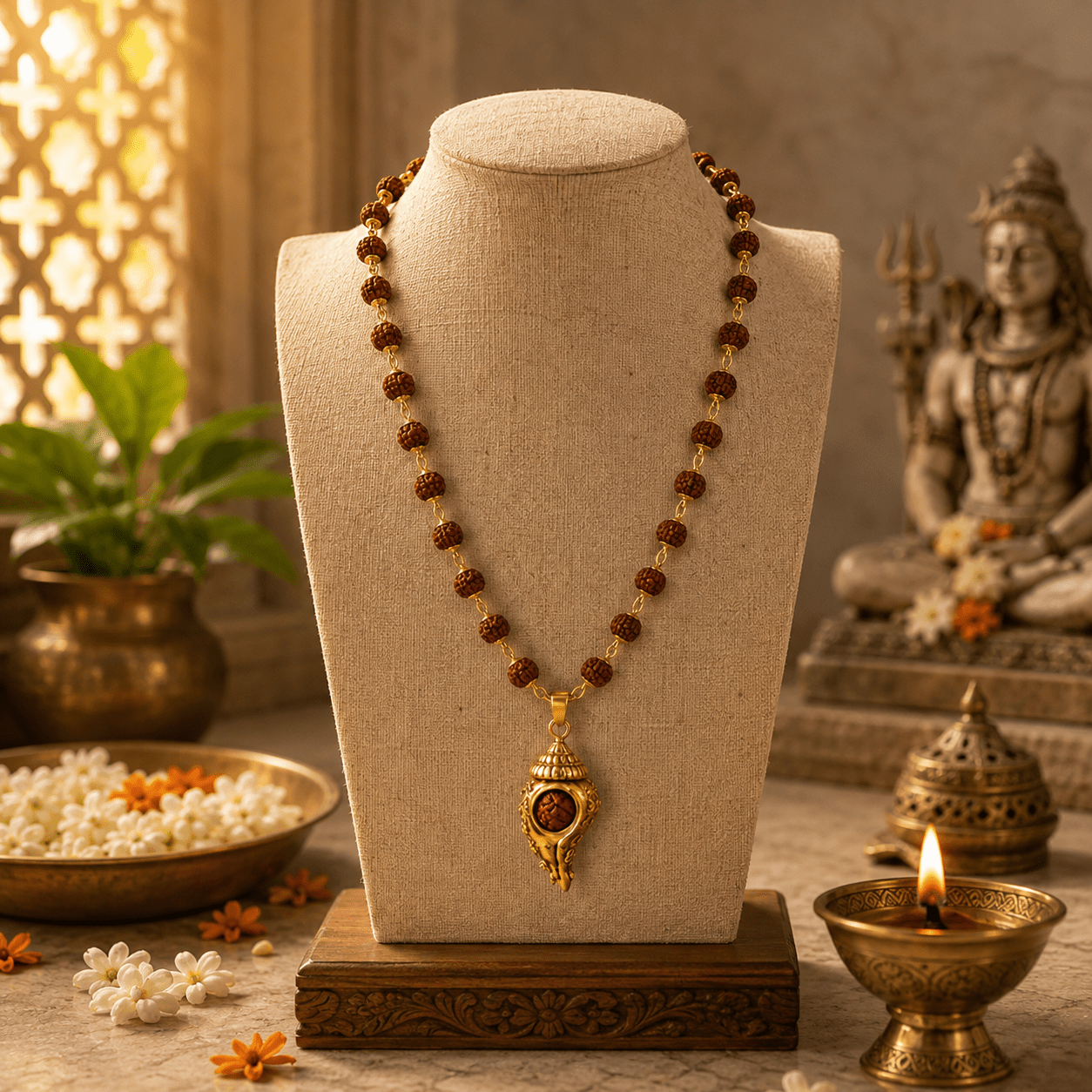 Gold Plated 5 Mukhi Rudraksha Mala With Shiv Shankh Pendant - Gurunoor