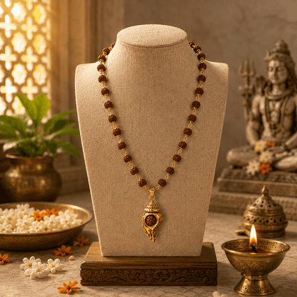 Gold Plated 5 Mukhi Rudraksha Mala With Shiv Shankh Pendant - Gurunoor