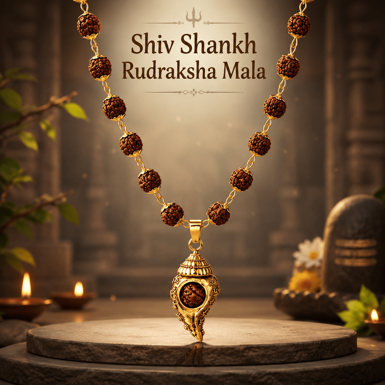 Gold Plated 5 Mukhi Rudraksha Mala With Shiv Shankh Pendant - Gurunoor