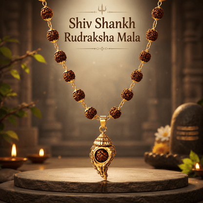Gold Plated 5 Mukhi Rudraksha Mala With Shiv Shankh Pendant - Gurunoor