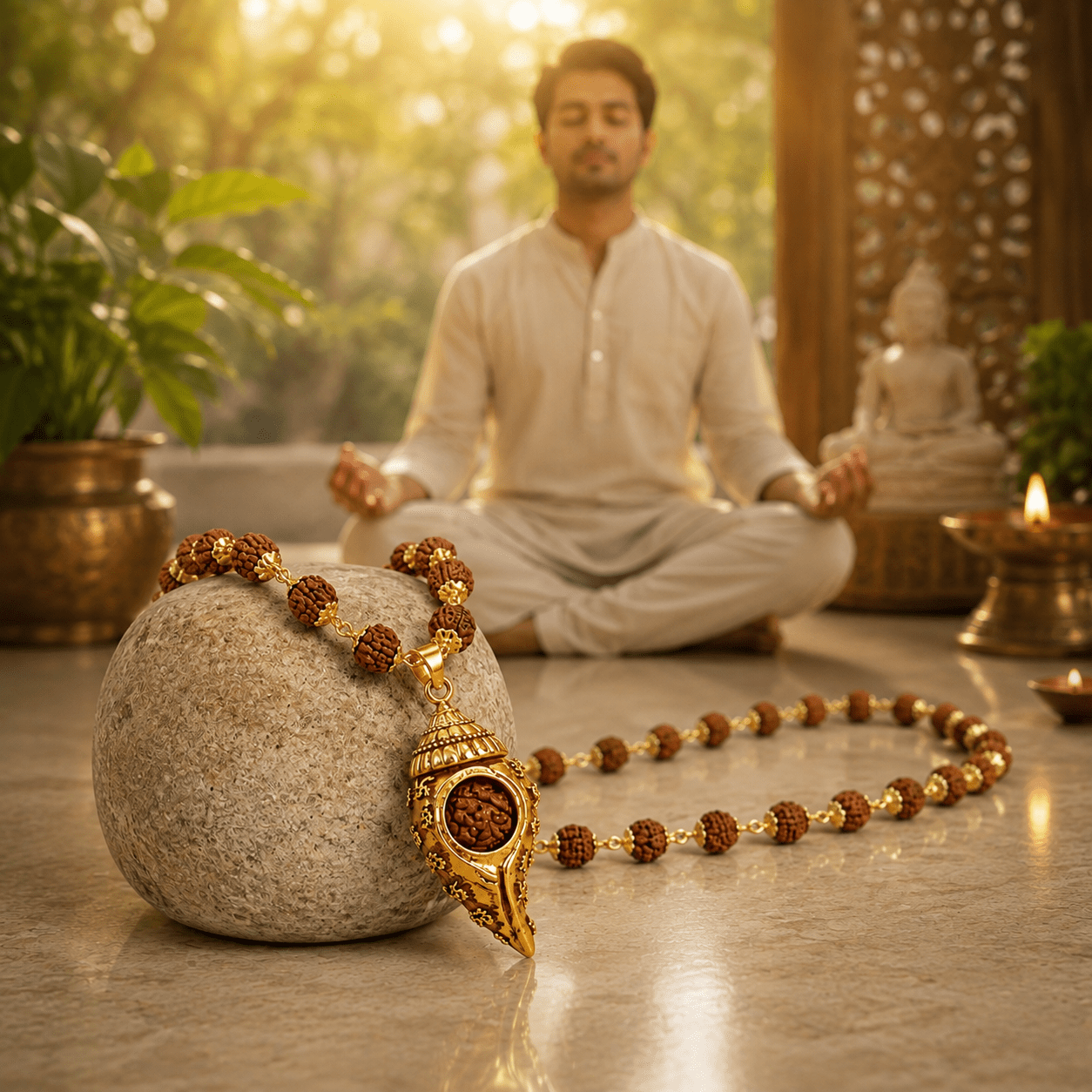 Gold Plated 5 Mukhi Rudraksha Mala With Shiv Shankh Pendant - Gurunoor