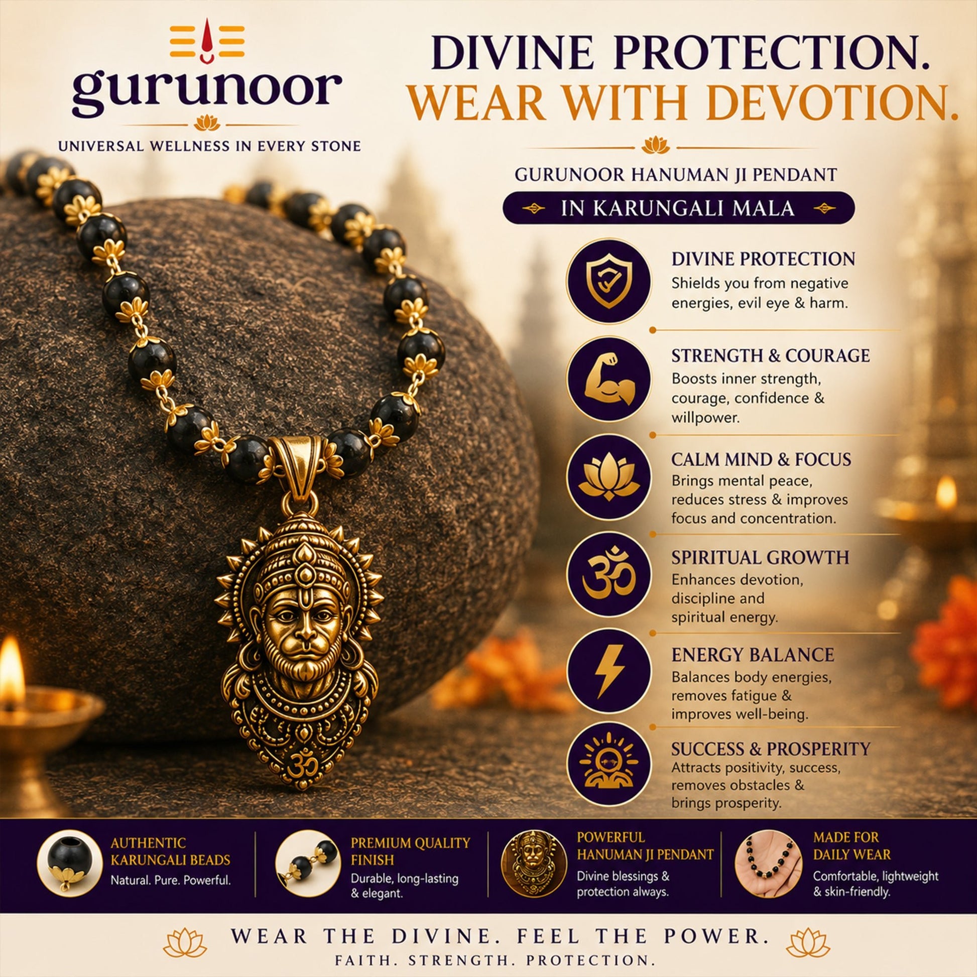 Gold Plated Bajrangbali Karungali Mala - Gurunoor