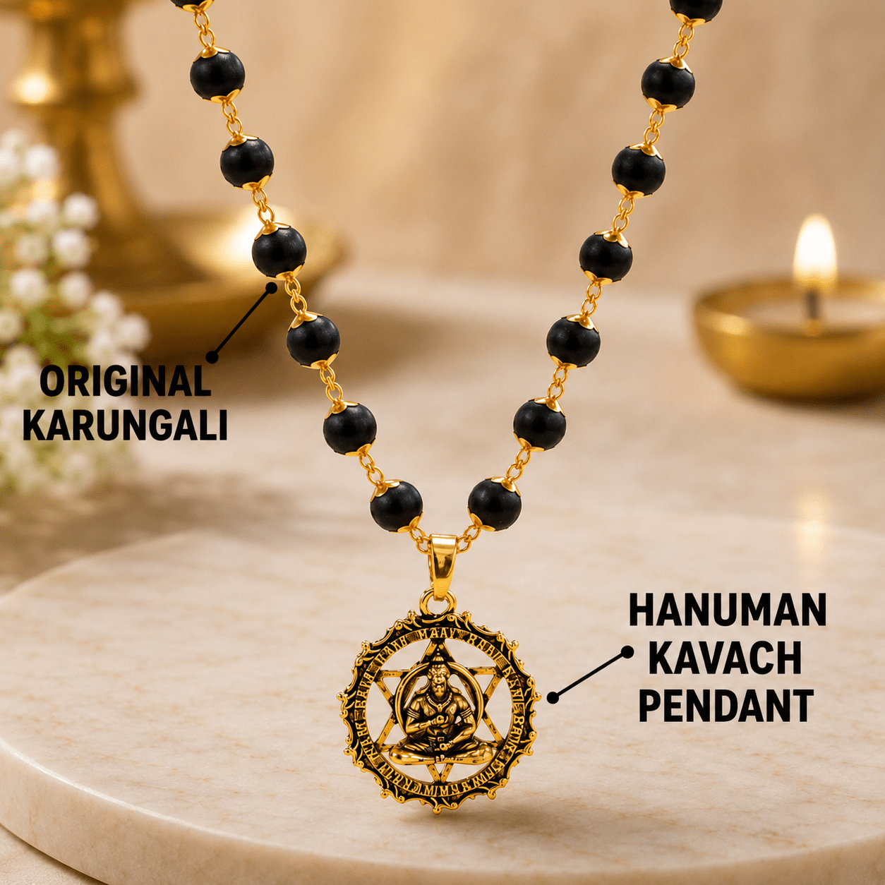 Karungali Mala ( Gold Plated ) With Hanuman Kavach Pendant - Gurunoor