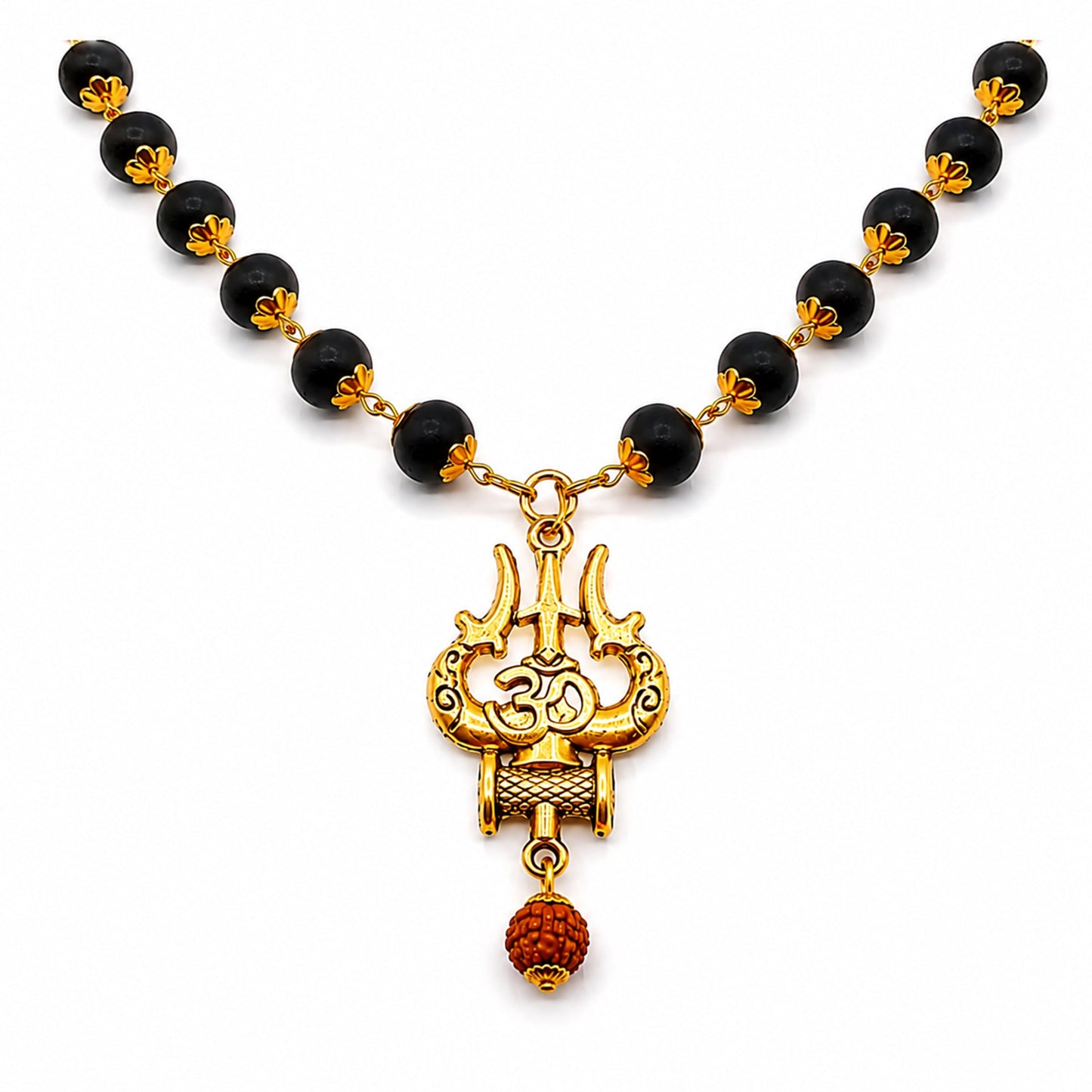 Karungali Mala Golden Capping With Shiv Trishul Damru Pendant - Gurunoor