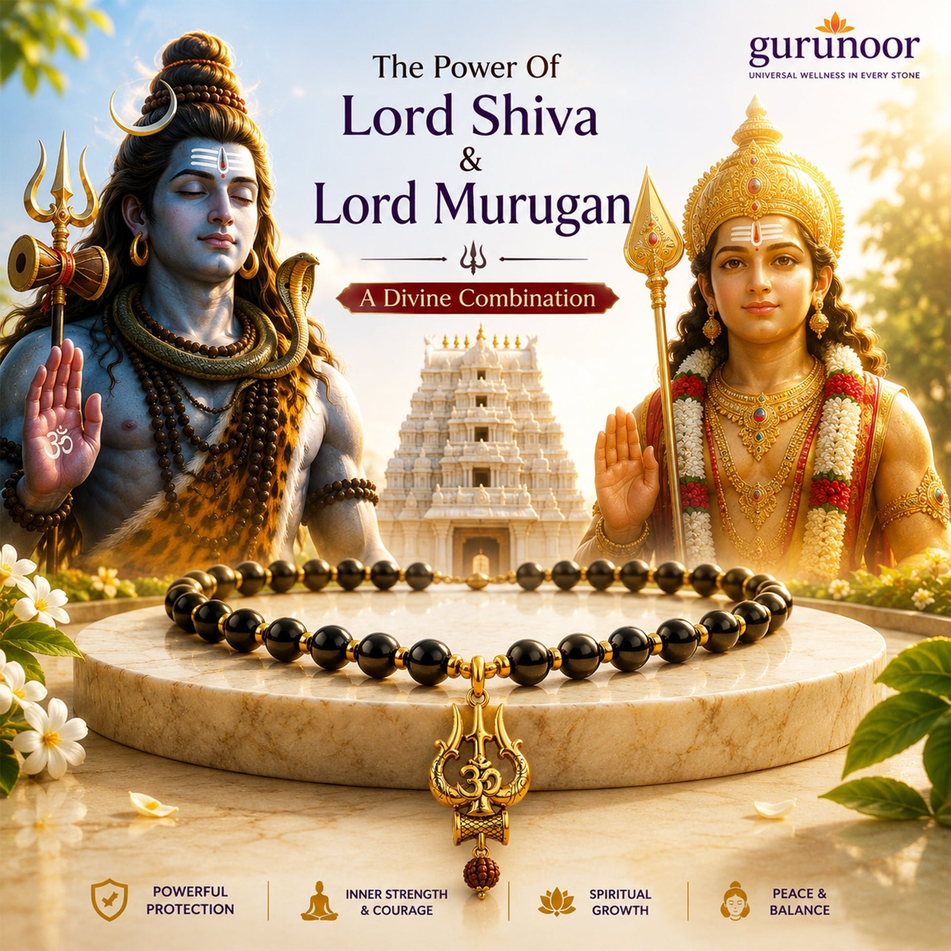 Karungali Mala Golden Capping With Shiv Trishul Damru Pendant - Gurunoor