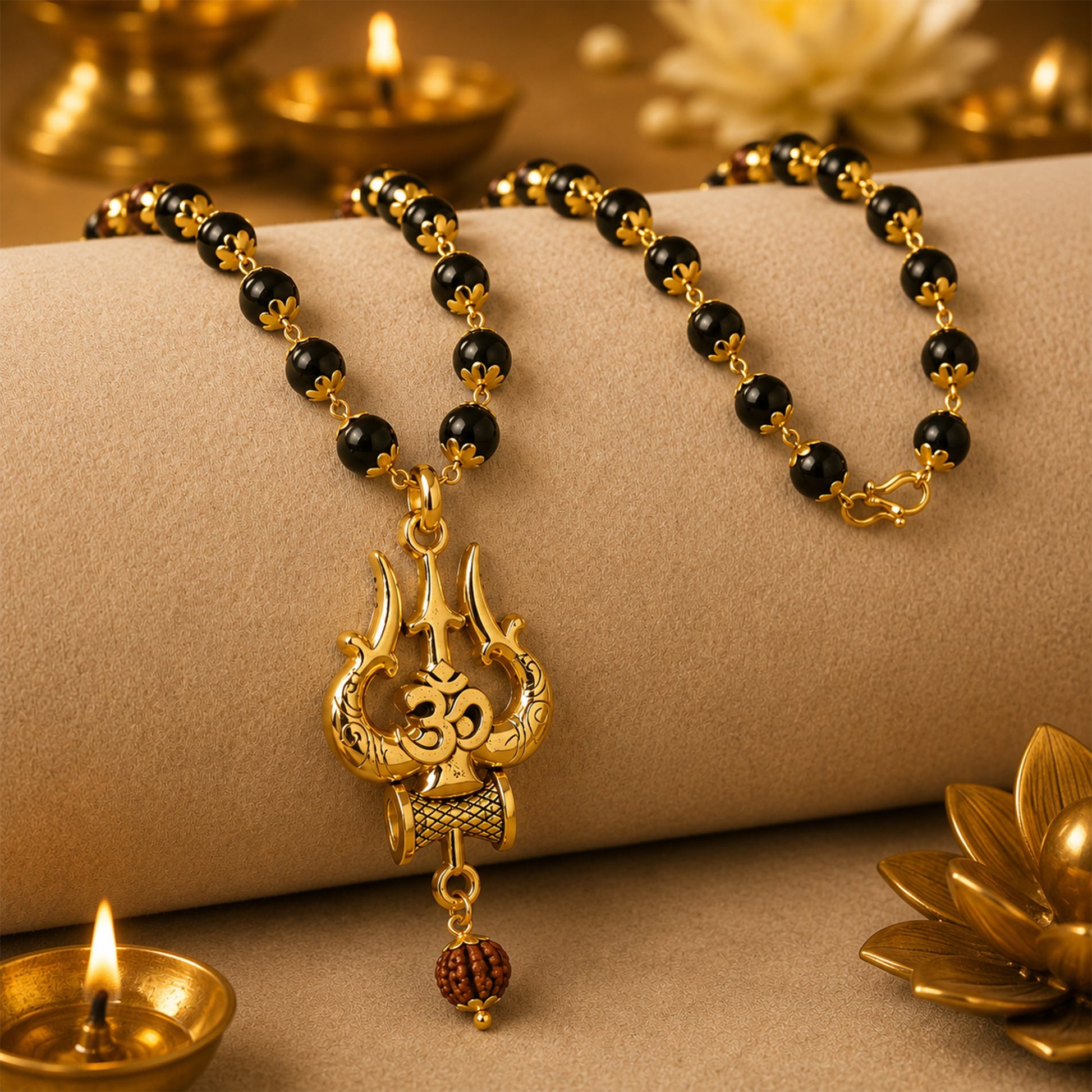 Karungali Mala Golden Capping With Shiv Trishul Damru Pendant - Gurunoor