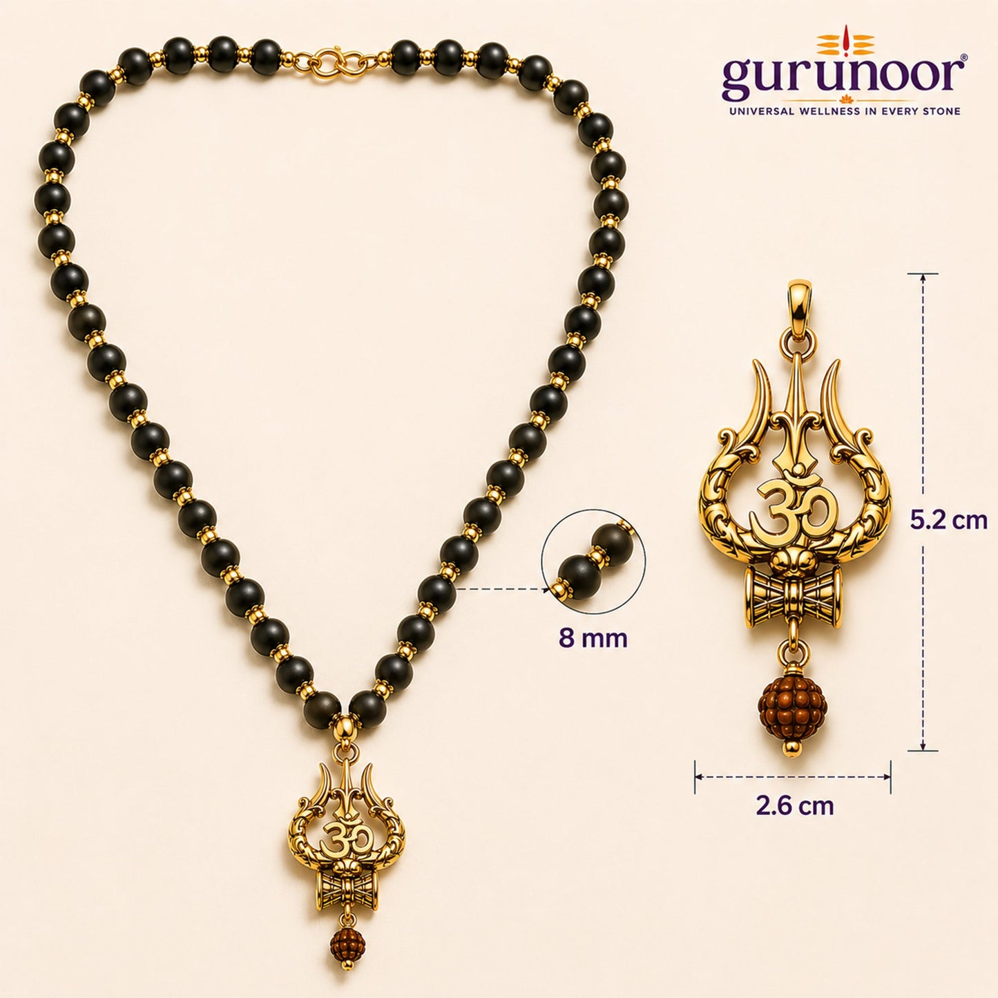 Karungali Mala Golden Capping With Shiv Trishul Damru Pendant - Gurunoor