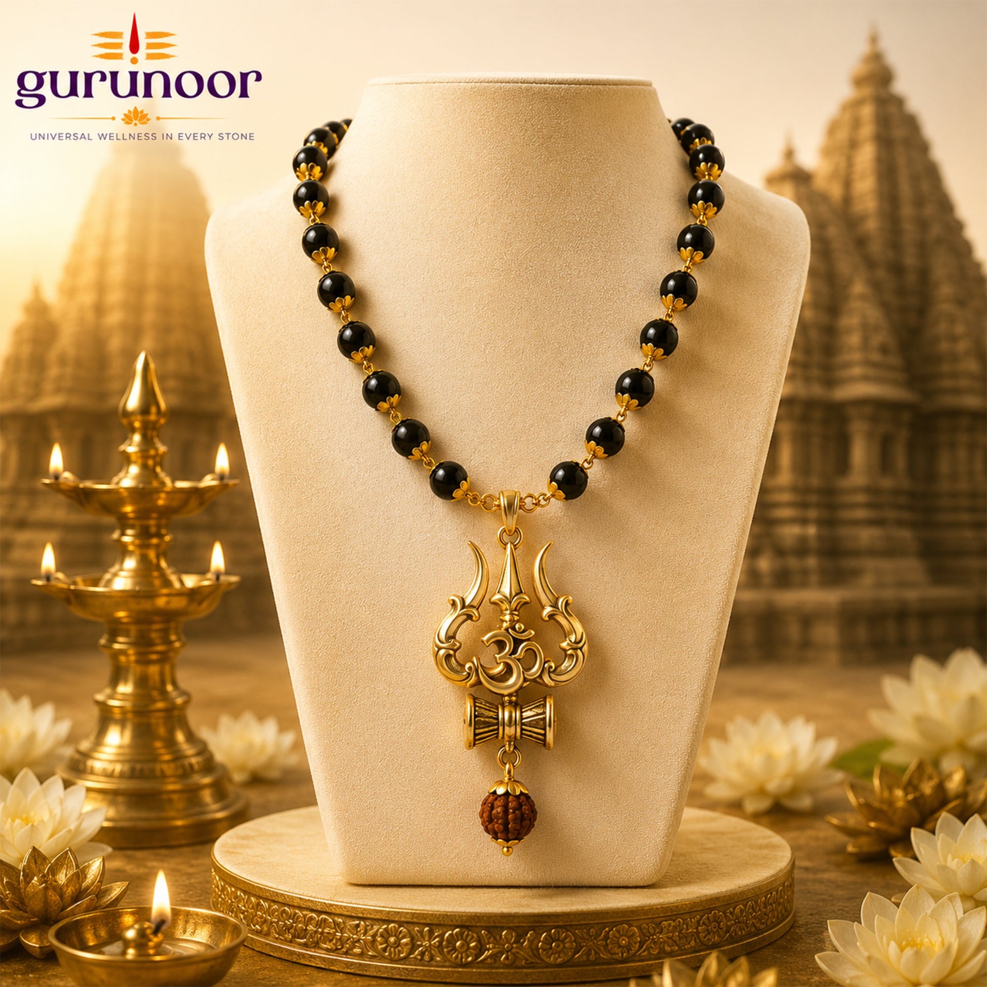 Karungali Mala Golden Capping With Shiv Trishul Damru Pendant - Gurunoor