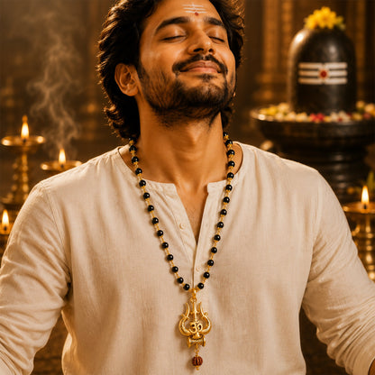 Karungali Mala Golden Capping With Shiv Trishul Damru Pendant - Gurunoor