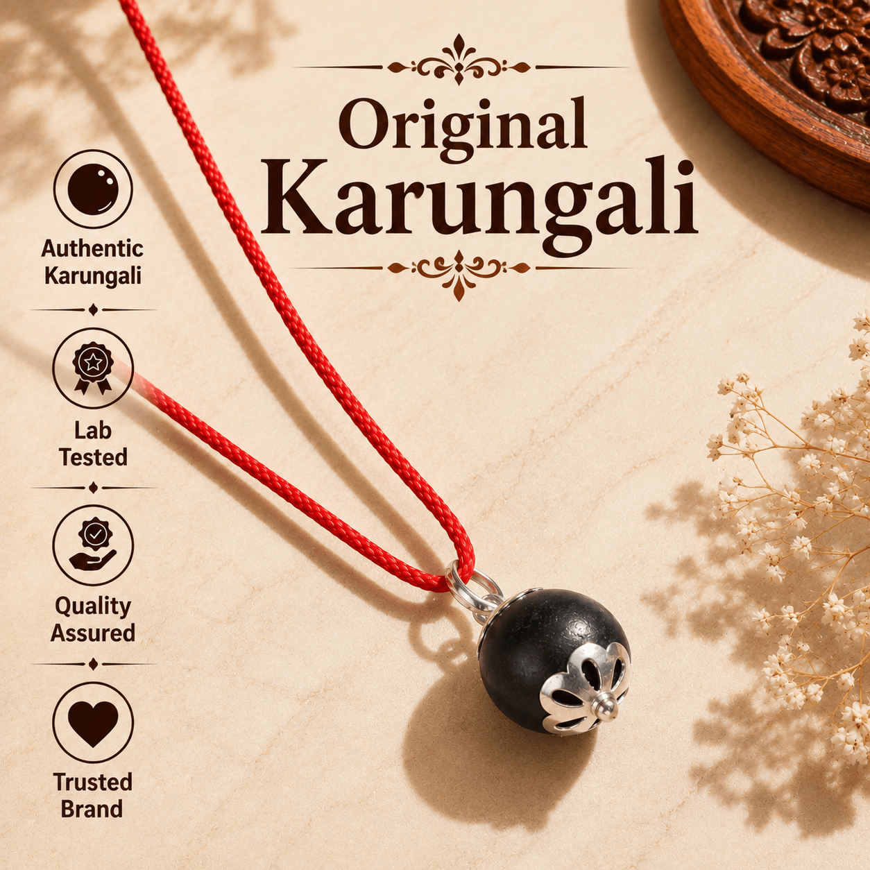 Original Karungali Bead (18MM) In Red Thread - Gurunoor