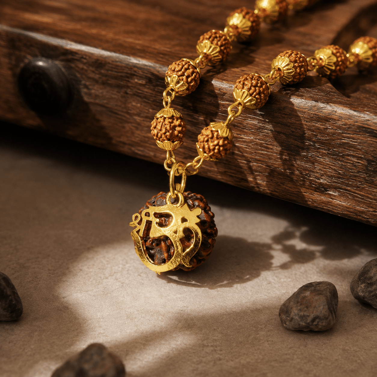 Rudraksha Mala With Shree Om Rudraksha Pendant ( Gold Plated ) - Gurunoor