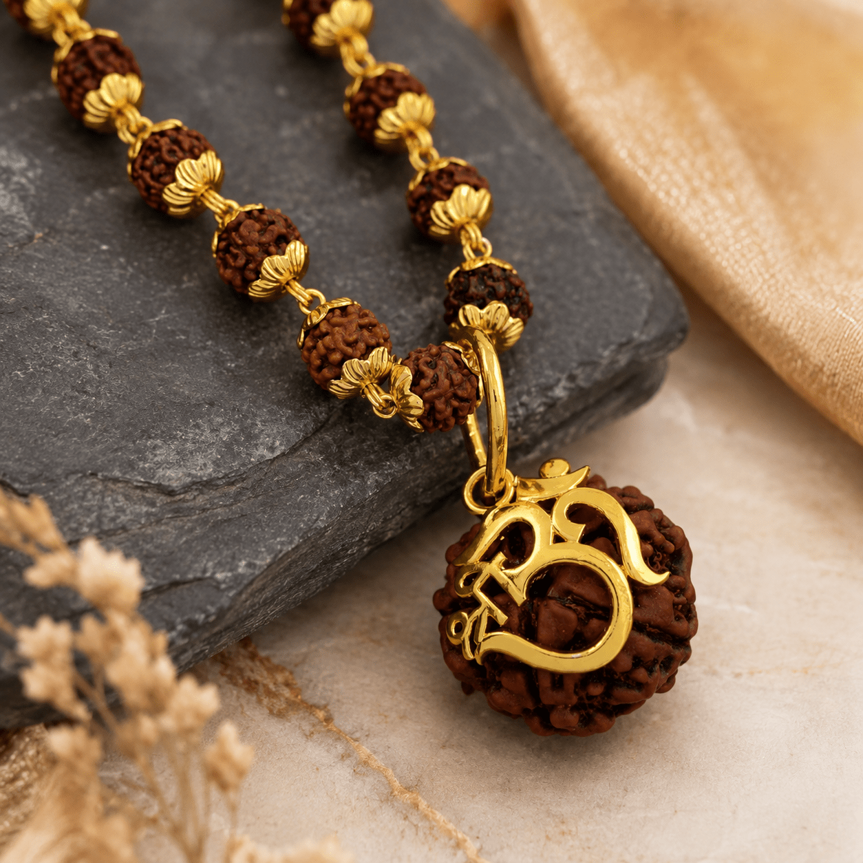 Rudraksha Mala With Shree Om Rudraksha Pendant ( Gold Plated ) - Gurunoor