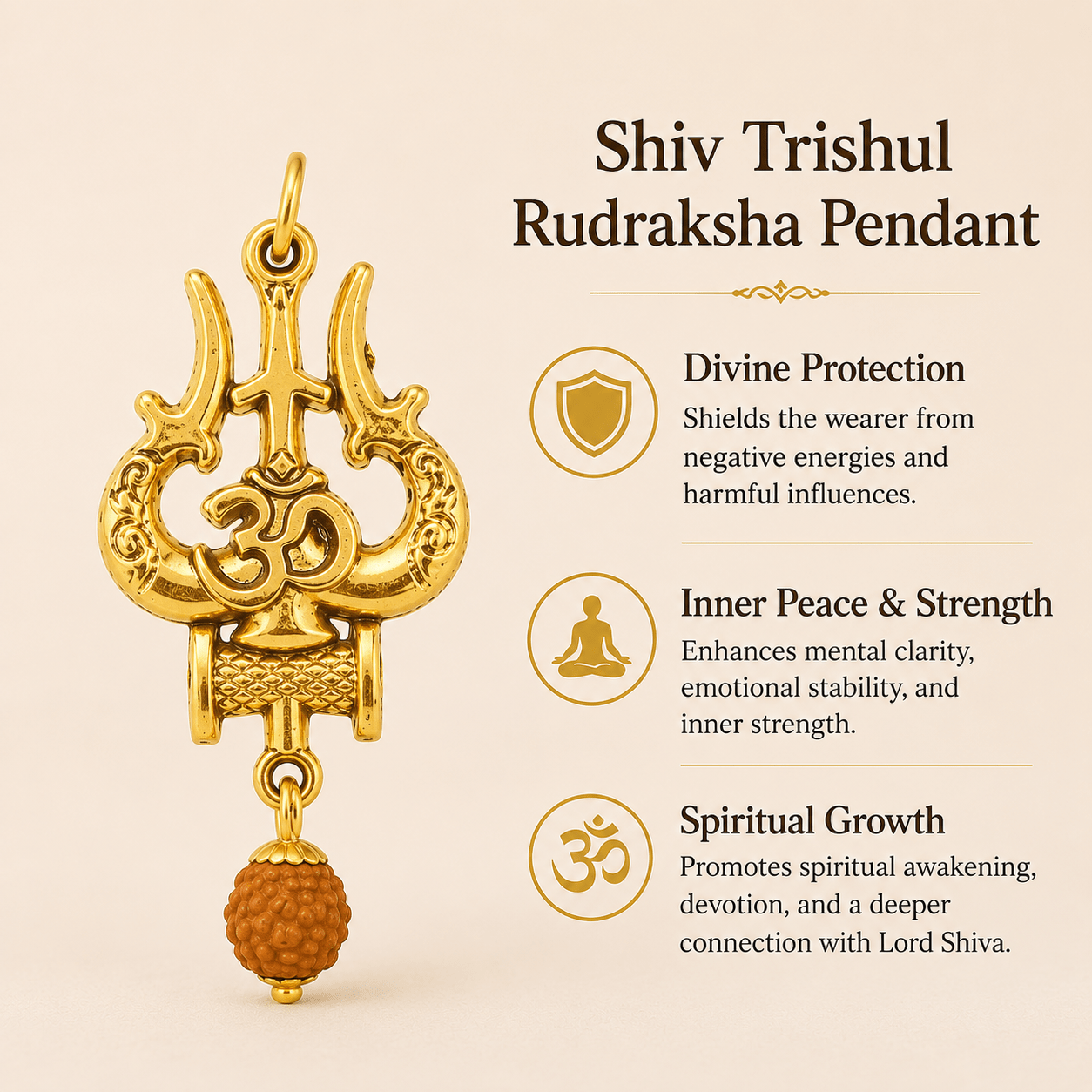 Shiv Trishul Pendant With 5 Mukhi Rudraksha - Gurunoor