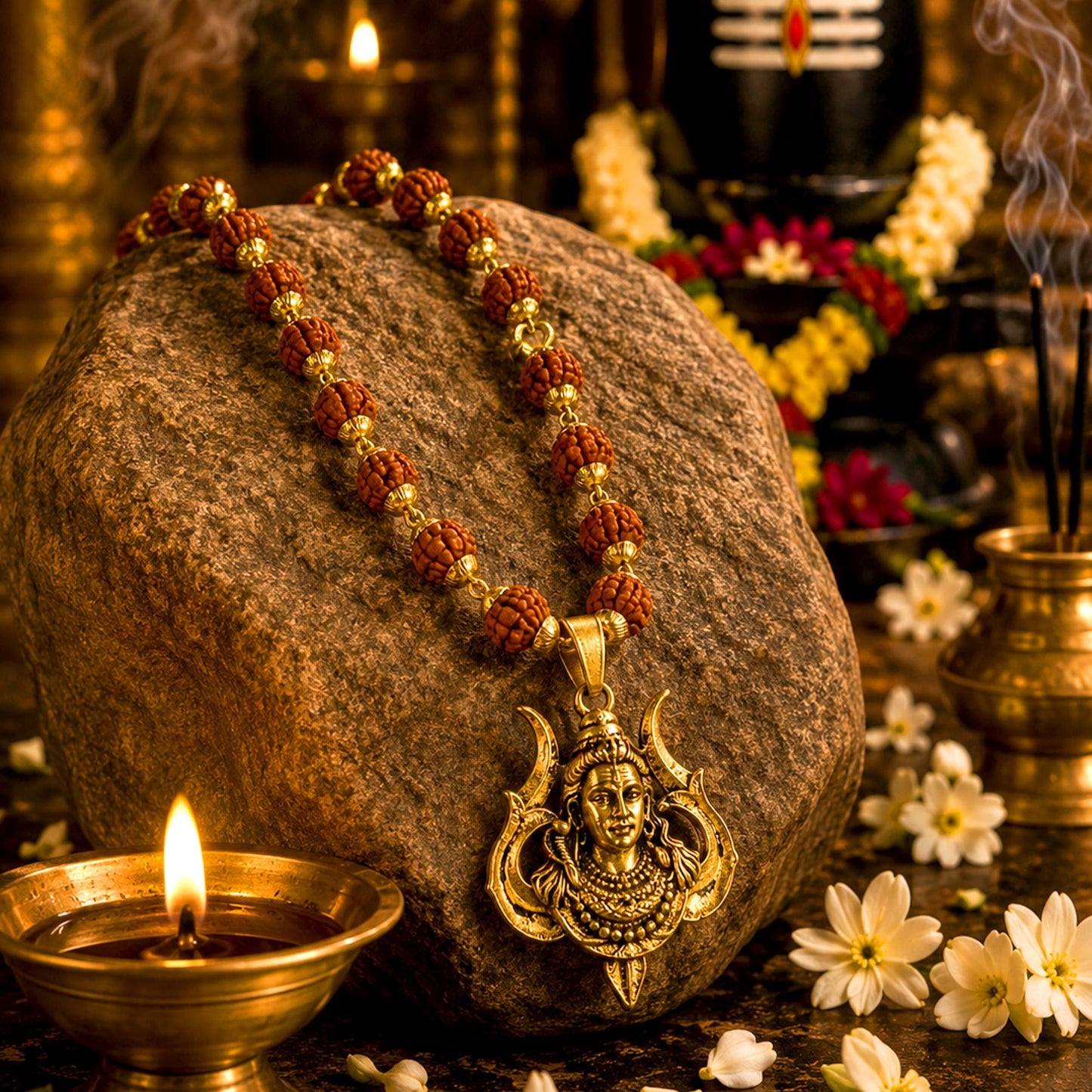 Shiv Trishul Pendant With Divya Rudraksha Mala - Gurunoor