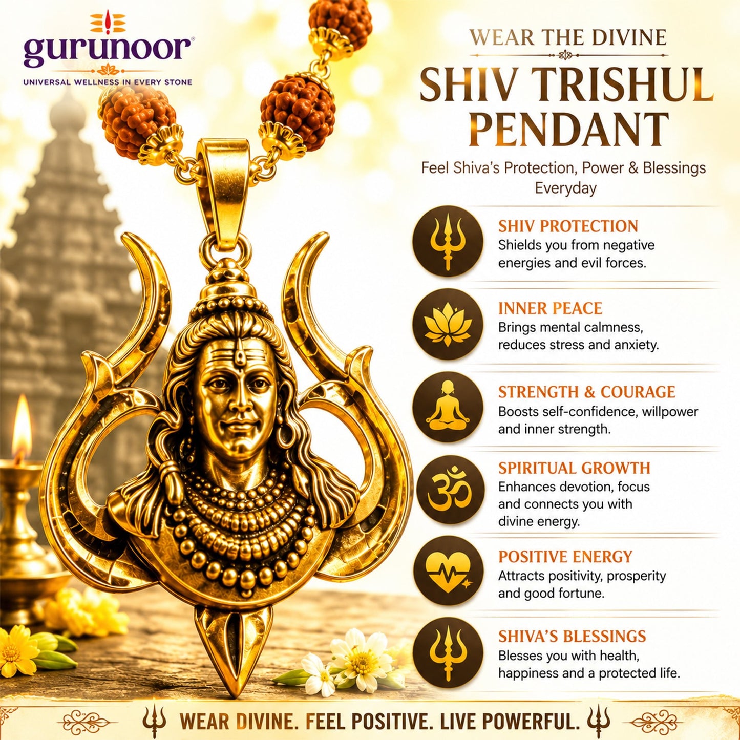 Shiv Trishul Pendant With Divya Rudraksha Mala - Gurunoor
