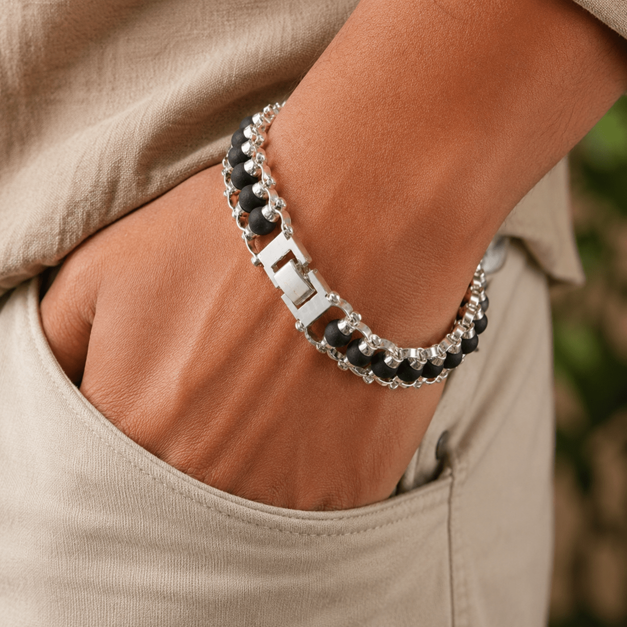 Silver Plated Karungali Chain Bracelet ( Natural Ebony Wood ) - Gurunoor