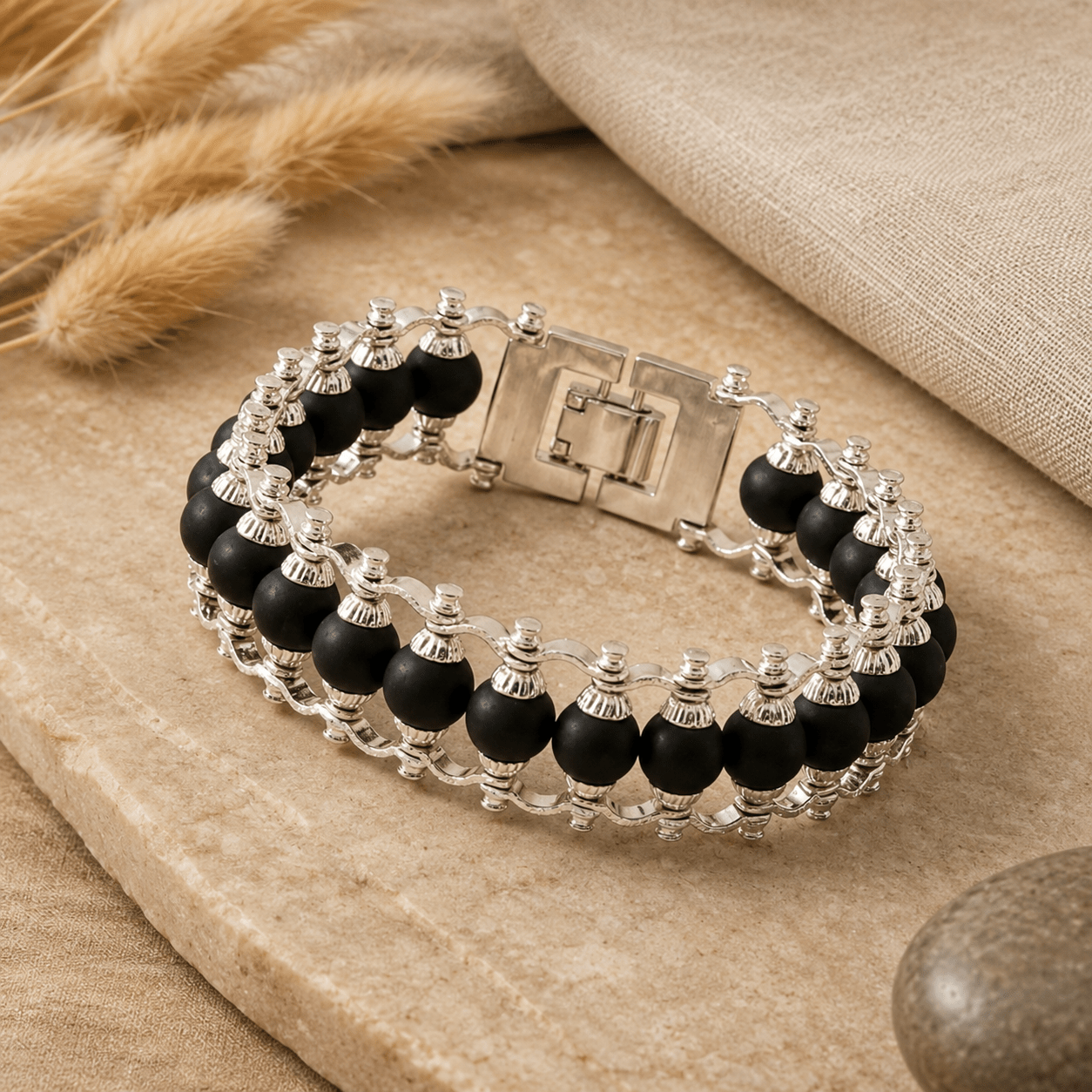 Silver Plated Karungali Chain Bracelet ( Natural Ebony Wood ) - Gurunoor