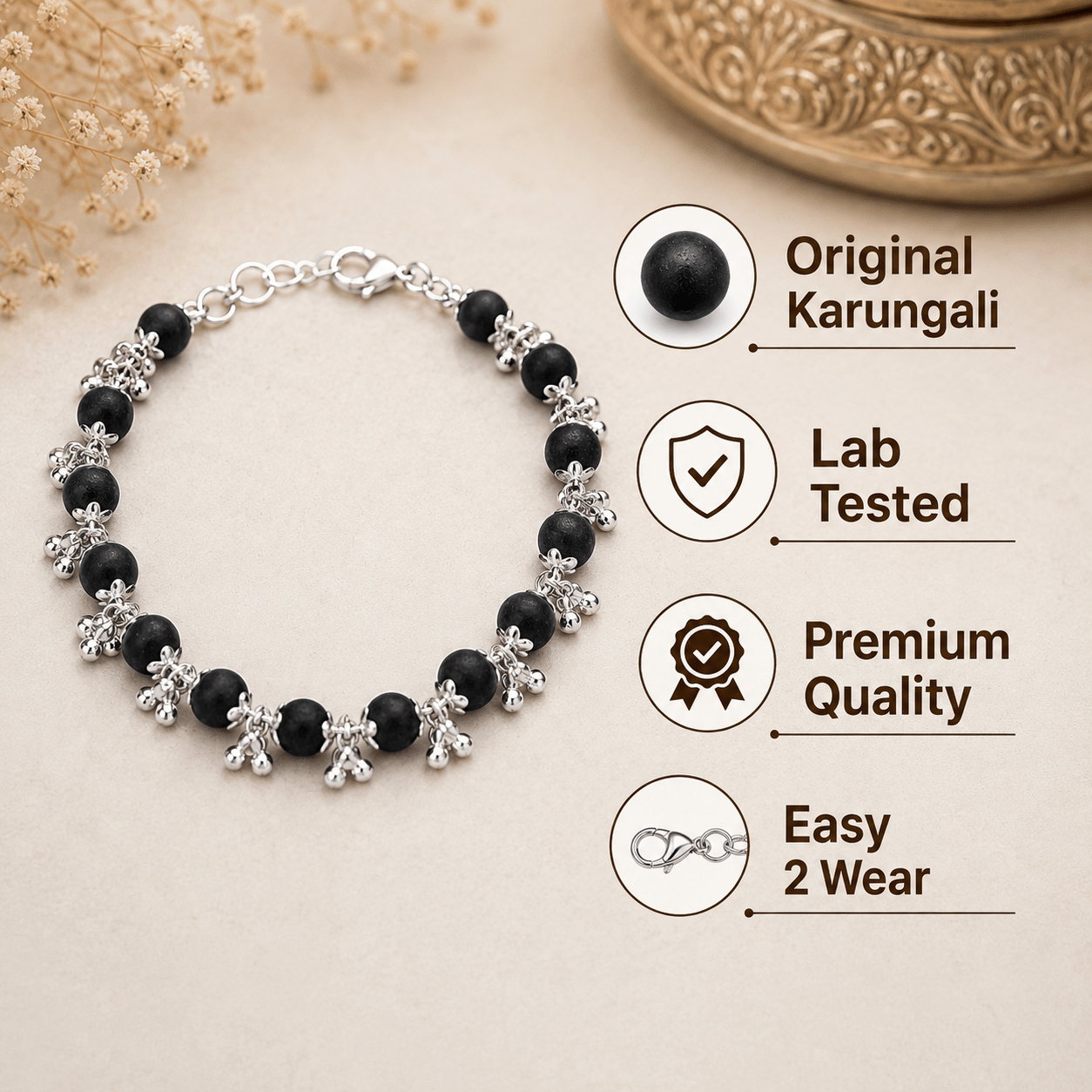 Silver Plated Karungali Ghungroo Bracelet - Gurunoor