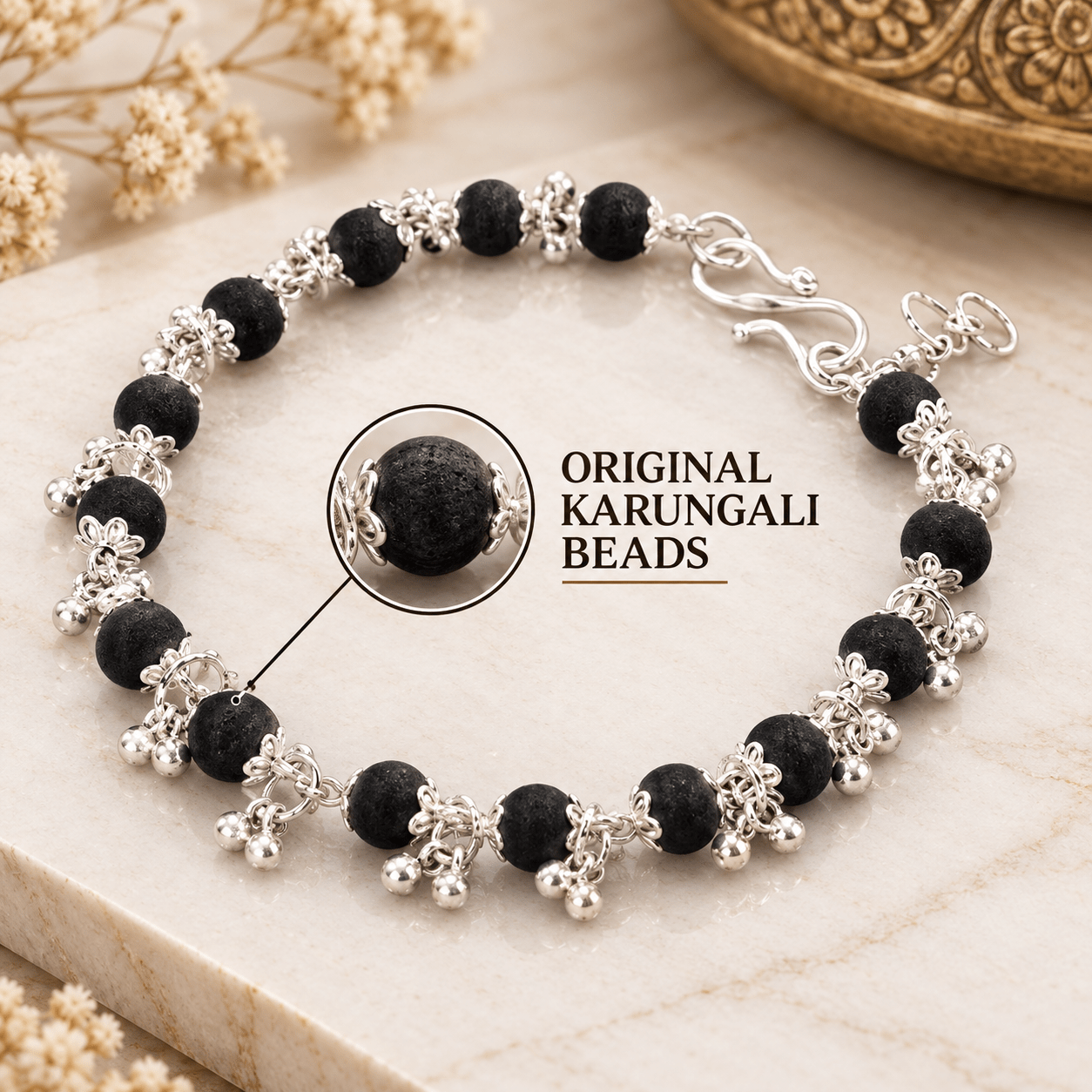 Silver Plated Karungali Ghungroo Bracelet - Gurunoor
