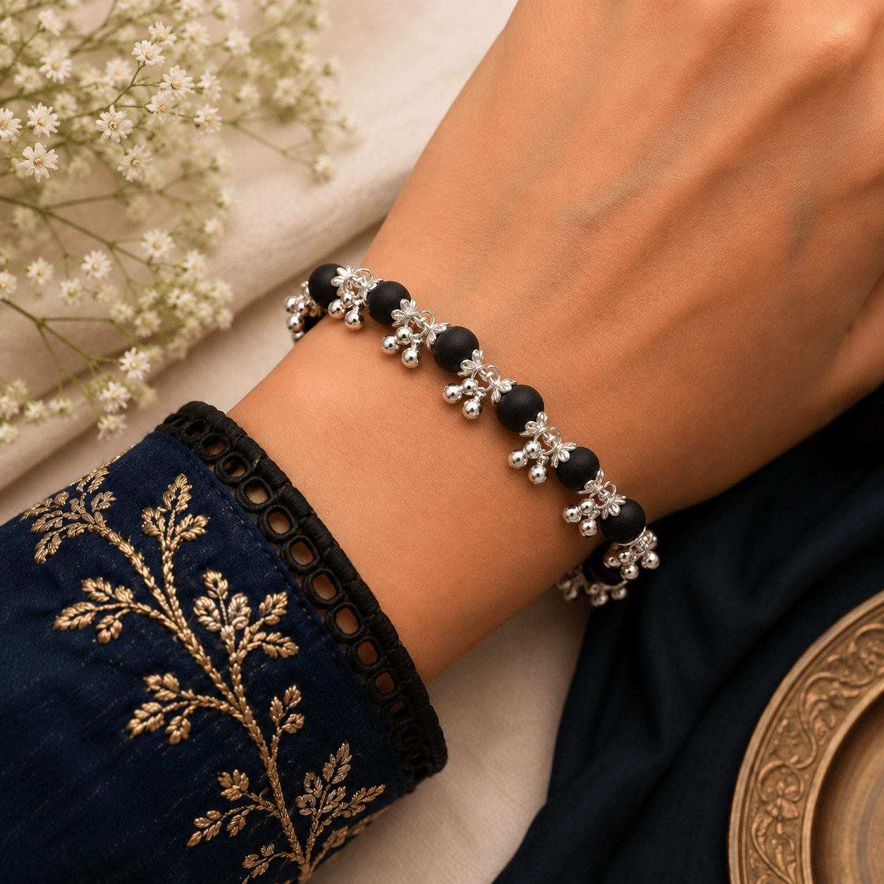 Silver Plated Karungali Ghungroo Bracelet - Gurunoor