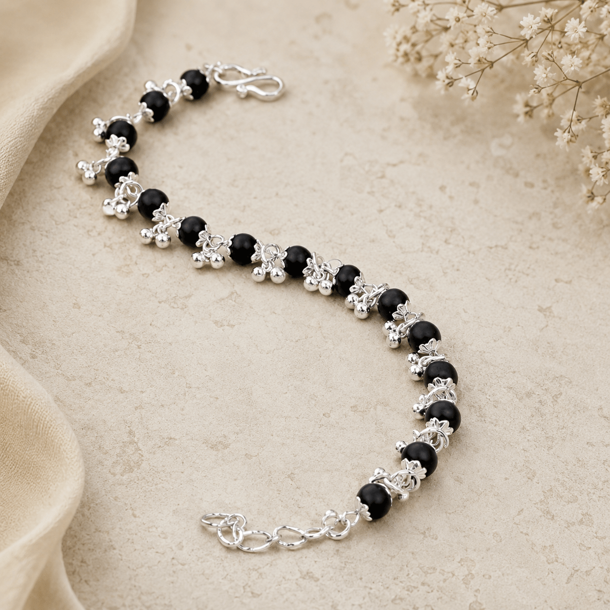 Silver Plated Karungali Ghungroo Bracelet - Gurunoor