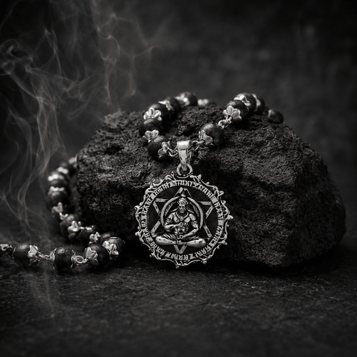 Silver Plated Karungali Mala With Hanuman Kavach Pendant - Gurunoor