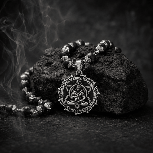 Silver Plated Karungali Mala With Hanuman Kavach Pendant - Gurunoor