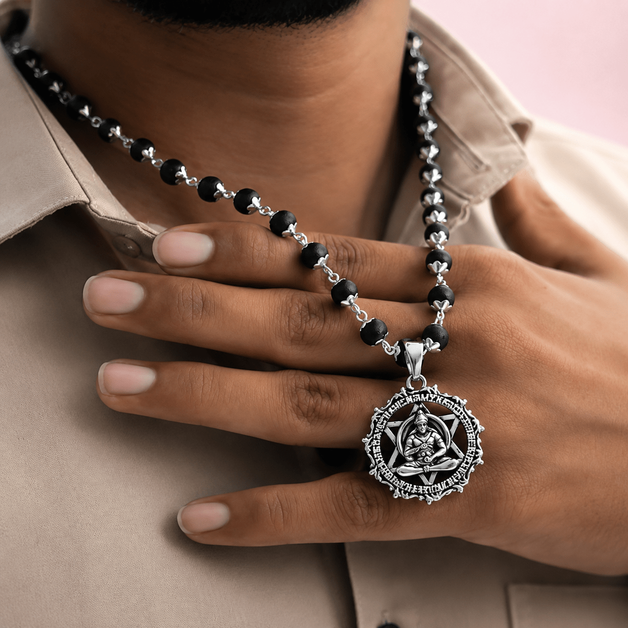 Silver Plated Karungali Mala With Hanuman Kavach Pendant - Gurunoor
