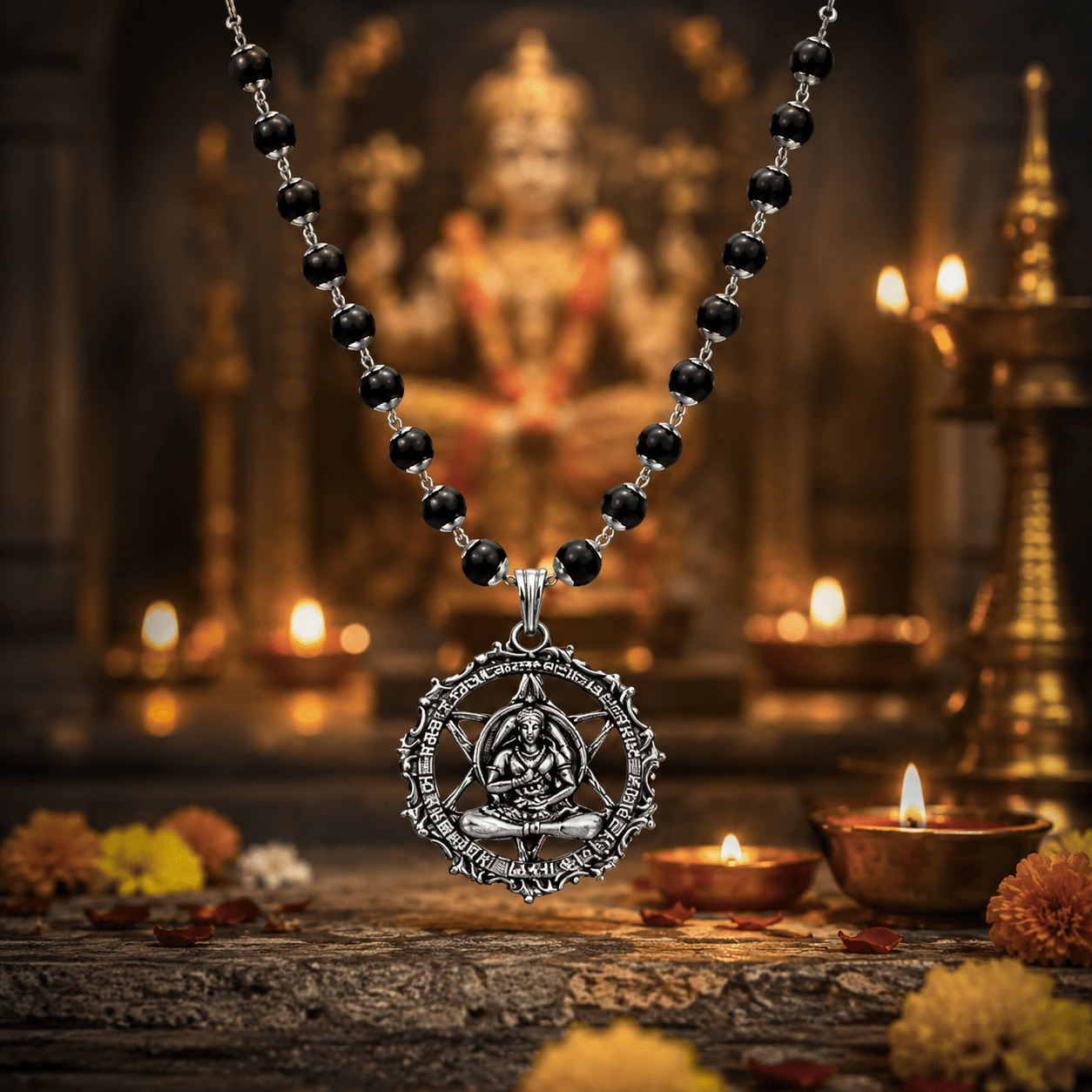 Silver Plated Karungali Mala With Hanuman Kavach Pendant - Gurunoor