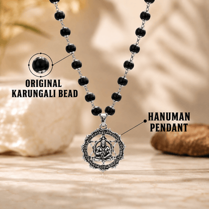Silver Plated Karungali Mala With Hanuman Kavach Pendant - Gurunoor