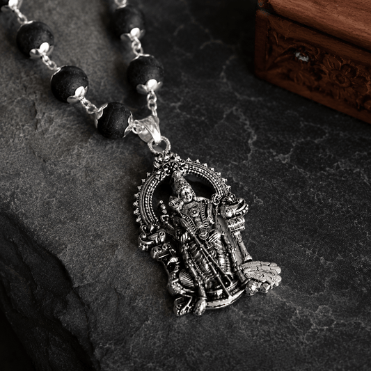 Silver Plated Karungali Mala with Murugan Pendant - Gurunoor